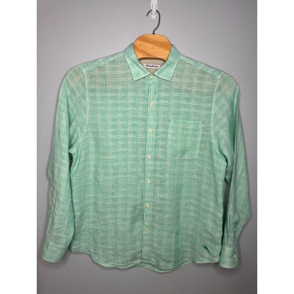 Tommy Bahama Men's XL Green Plaid 100% Linen Button-Up Shirt